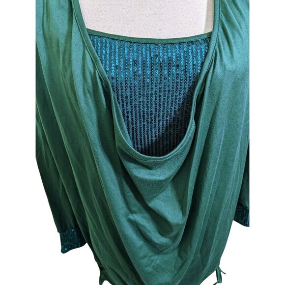 Womens Blouse Top XXL Green Drape Sequins Front Cuff Stretch Knit Long Sleeve - Picture 6 of 7